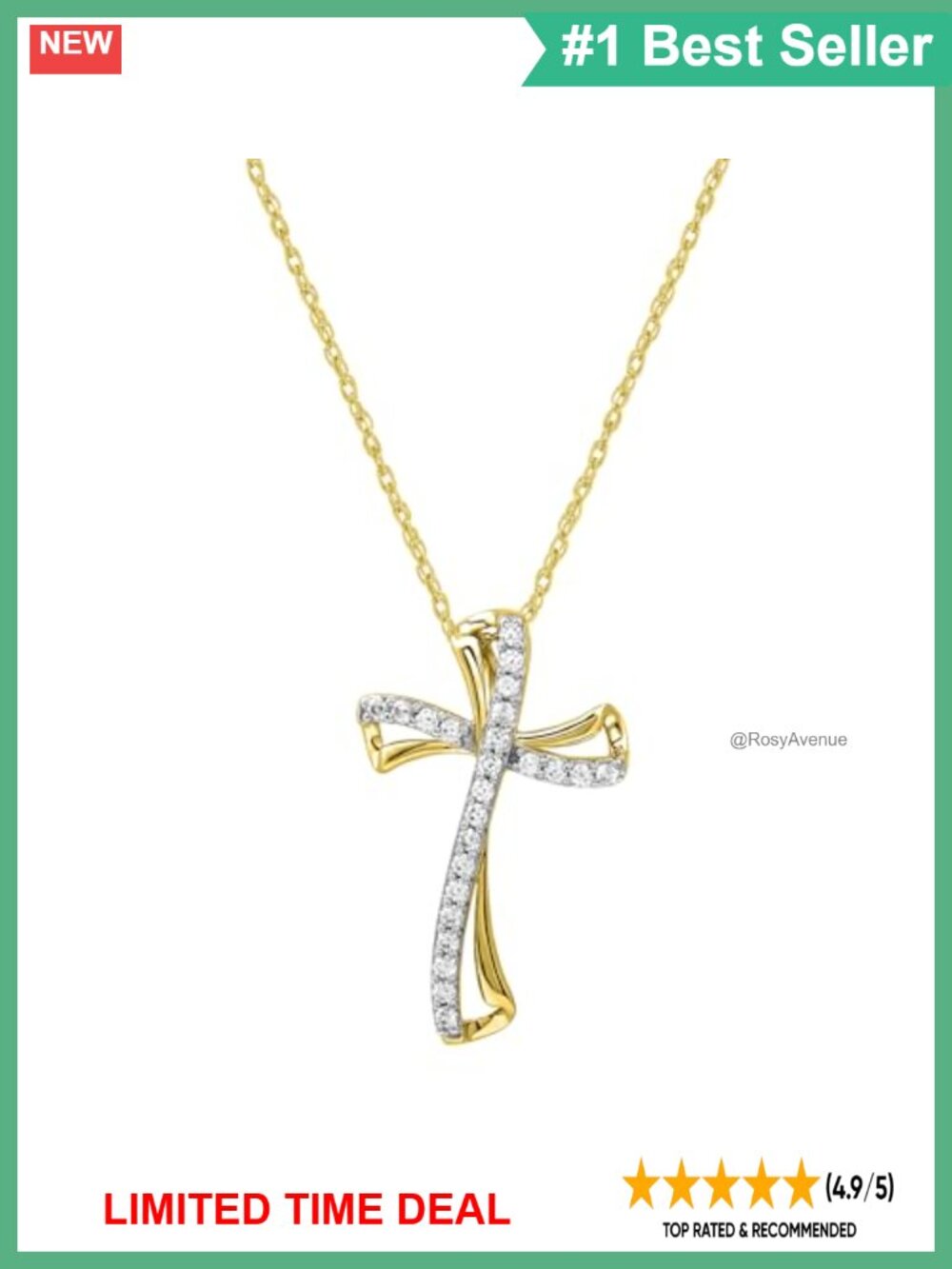 10K Yellow Gold Plated Sterling Silver Diamond Twist Cross Pendant Necklace 18"
